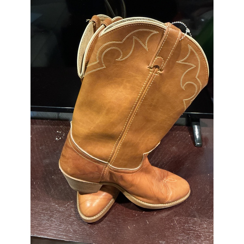 Dingo Tan Leather Western Cowboy Boots Almond Toe Stacked Heel Mens - Picture 2 of 6